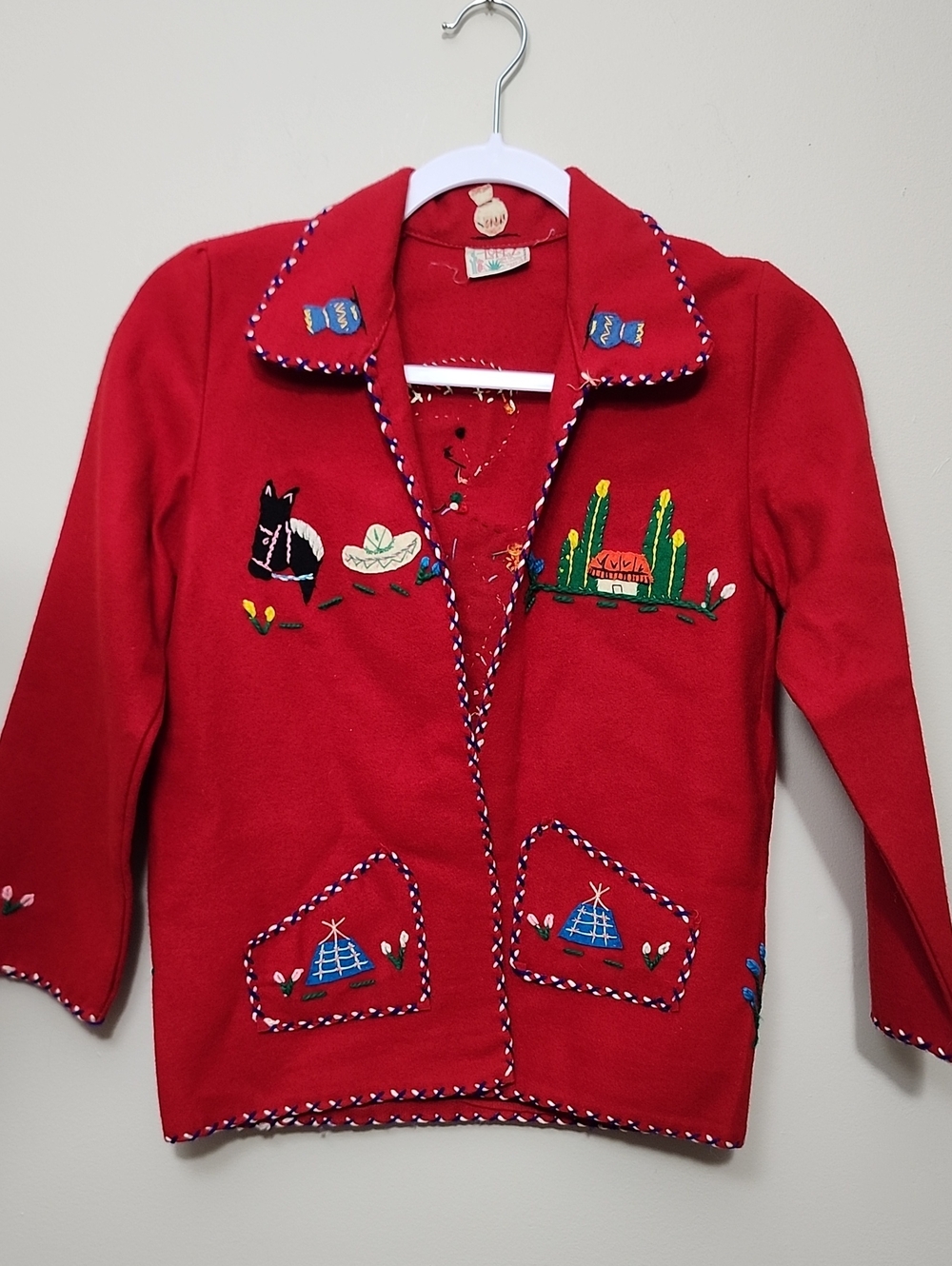 Vintage 1940s 1950s Lopez Mexican Souvenir Jacket Wool Hand Embroidered Folk Art
